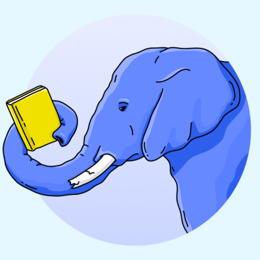Lila Elefant, der ein gelbes Buch mit seinem Rüssel hält